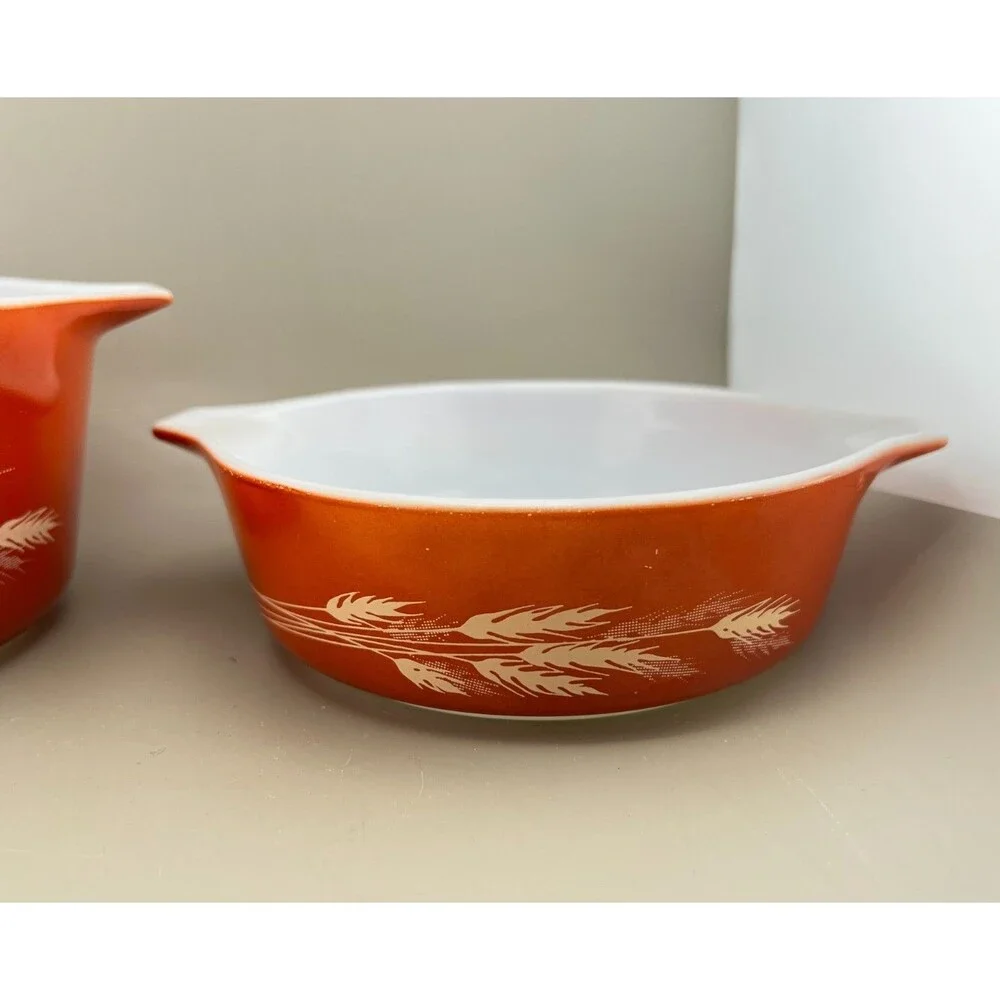 Vtg PYREX 2pc Autumn Harvest Wheat Nesting Casserole Dish Bowls 473-B 471-B Rust